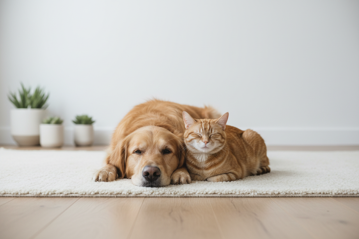 Erstell mir bitte ein Bild von einem glücklichen hund und einer glücklichen katze. Modern und relativ clean