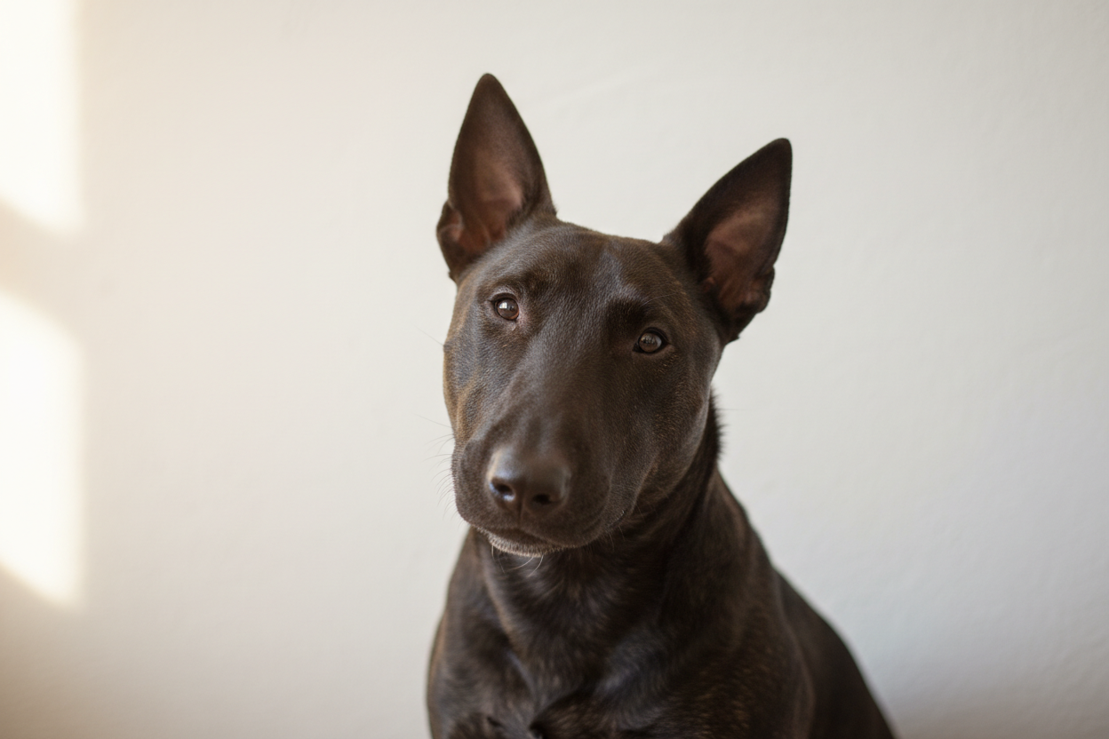 Erstelle mir bitte ein modernes, cleanes und zugleich emotionales rechteckiges bild zum Thema Kategorie "Hund". Bitte einen dunklen Hund verwenden, Rasse Bullterrier. Der Hund sollte sehr natürlich aussehen, wie fotografiert.