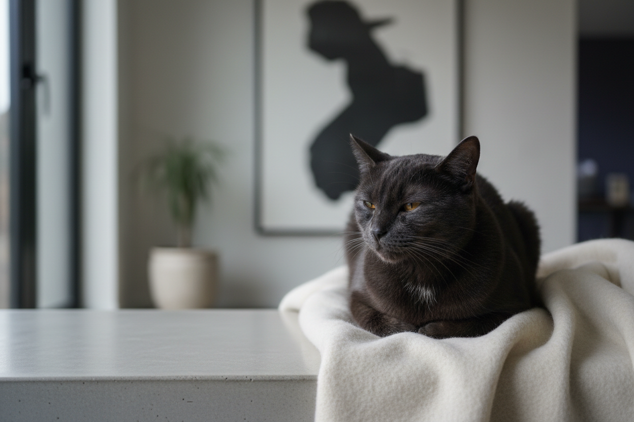 Erstelle mir bitte ein modernes, cleanes und zugleich emotionales rechteckiges bild zum Thema Kategorie "Katze". Bitte verwende eine dunkle Katze die Noch natürlich aussieht, also wie fotografiert.